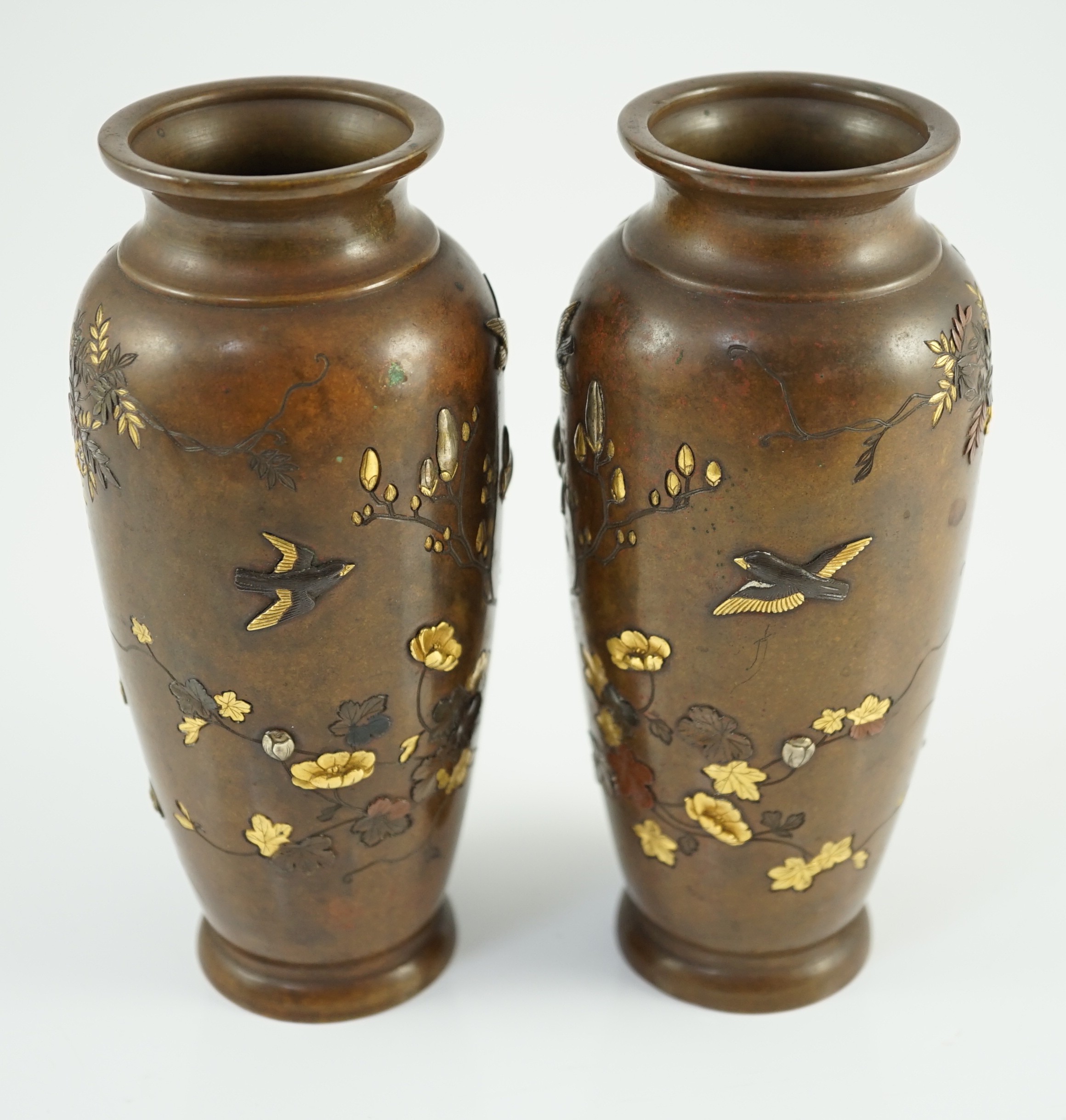 A pair of Japanese mixed metal bronze vases, by Nogawa workshop, Meiji period, 15cm high